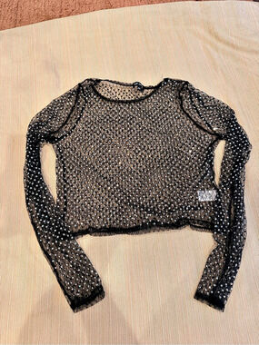 TOP CHIC Black Rhinestone Mesh Long Sleeve Sheer Sparkly Crop Top Crop Top Size